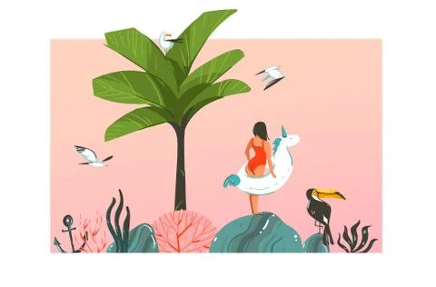 Hand drawn vector abstract cartoon summer time graphic illustrations template Stock Illustration