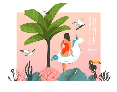 Hand drawn vector abstract cartoon summer time graphic illustration card with Stock Illustration