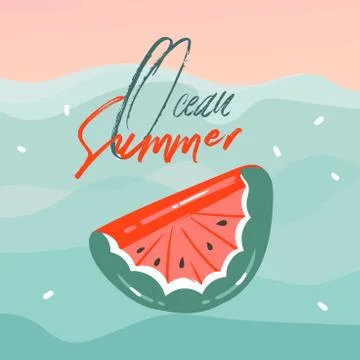 Hand drawn vector abstract cartoon summer time graphic illustrations cards with Stock Illustration