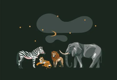 Hand drawn vector abstract cartoon modern graphic African Safari collage Stock Illustration