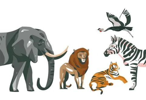 Hand drawn vector abstract cartoon modern graphic African Safari collage Stock Illustration