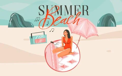 Hand drawn vector abstract cartoon summer time graphic illustrations art Stock Illustration
