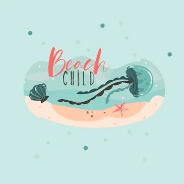 Hand drawn vector abstract cartoon summer time cards set template with Stock Illustration