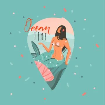 Hand drawn vector abstract cartoon summer time cards set template with mermaids Stock-Illustration