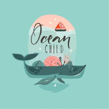 Hand drawn vector abstract cartoon summer time cards set template with whales in Stock Illustration