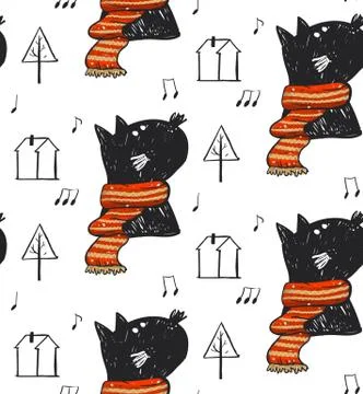 Hand drawn vector abstract Christmas seamless pattern with cute black cat in red Stock Illustration