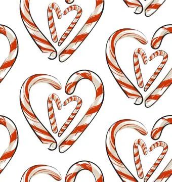 Hand drawn vector abstract Christmas seamless pattern with candy canes in heart Illustrazione stock