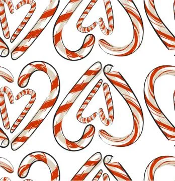 Hand drawn vector abstract Christmas seamless pattern with candy canes in heart Stock Illustration