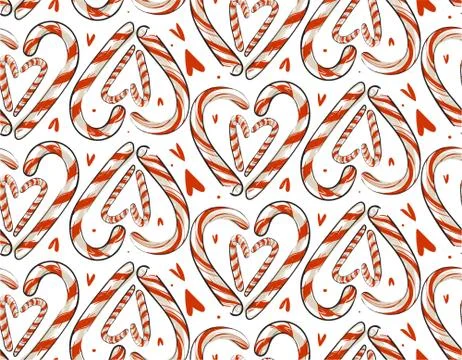 Hand drawn vector abstract Christmas seamless pattern with candy canes in heart Illustrazione stock