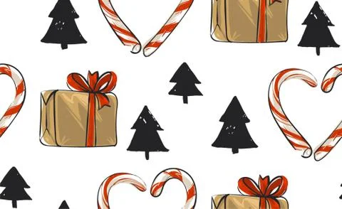 Hand drawn vector abstract Christmas seamless pattern with Christmas trees,gift Illustrazione stock