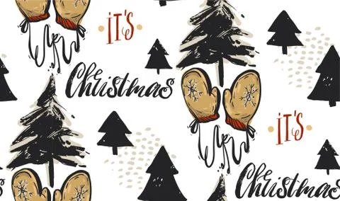 Hand drawn vector abstract Christmas greeting seamless pattern with Christmas Stock Illustration