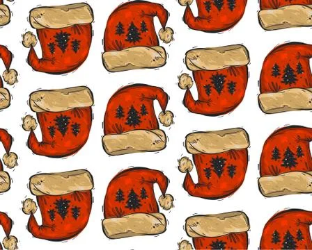 Hand drawn vector abstract Christmas seamless pattern with graphic red Santa Stock Illustration