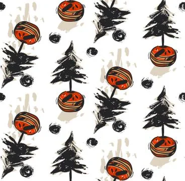 Hand drawn vector abstract Christmas trees seamless pattern with dry brush Stock Illustration