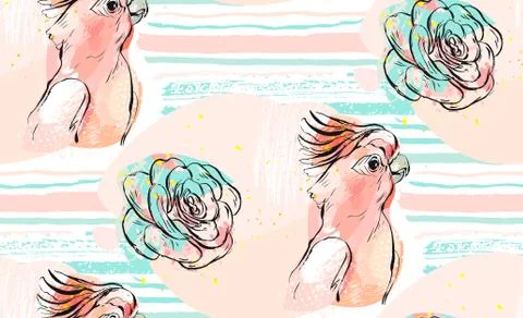 Hand drawn vector abstract collage seamless pattern with tropical parrot and 스톡 일러스트