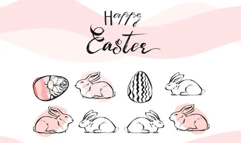 Hand drawn vector abstract collage with Easter eggs and white bunny composition Illustrazione stock
