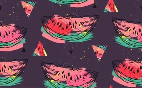 Hand drawn vector abstract collage seamless pattern with watermelon motif and Illustrazione stock