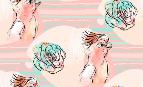 Hand drawn vector abstract collage seamless pattern with tropical parrot and イラスト素材