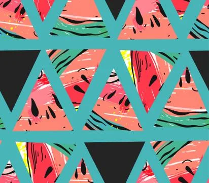 Hand drawn vector abstract collage seamless pattern with watermelon motif and Stock Illustration