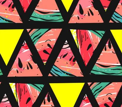 Hand drawn vector abstract collage seamless pattern with watermelon motif and Stock Illustration