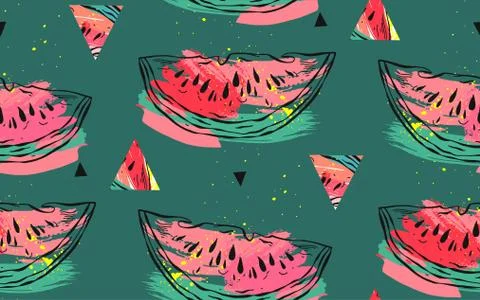 Hand drawn vector abstract collage seamless pattern with watermelon motif Stock Illustration