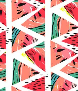 Hand drawn vector abstract collage seamless pattern with watermelon motif and Stock Illustration
