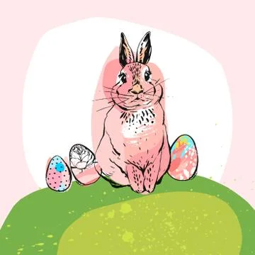 Hand drawn vector abstract collage funny poster with realistic rabbit and Easter Illustrazione stock