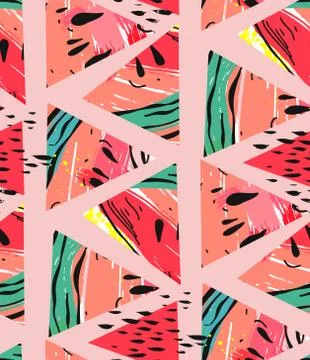 Hand drawn vector abstract collage seamless pattern with watermelon motif and Stock Illustration