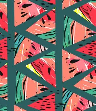 Hand drawn vector abstract collage seamless pattern with watermelon motif and Stock Illustration
