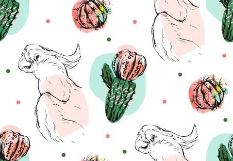 Hand drawn vector abstract collage seamless pattern with tropical parrot and イラスト素材