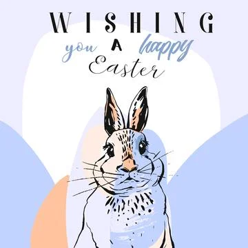 Hand drawn vector abstract collage funny poster with realistic rabbit,Easter Stockillustratie