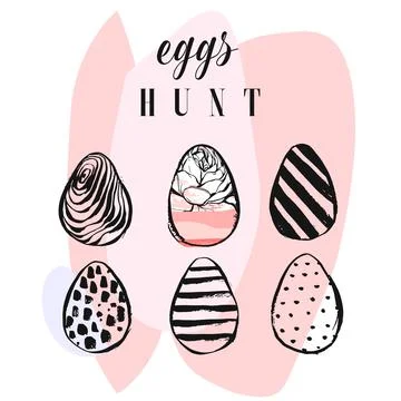 Hand drawn vector abstract collage funny poster with realistic Easter eggs and Stock Illustration