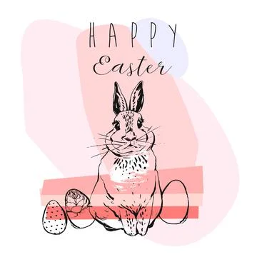 Hand drawn vector abstract collage funny poster with realistic rabbit,Easter 库存插图