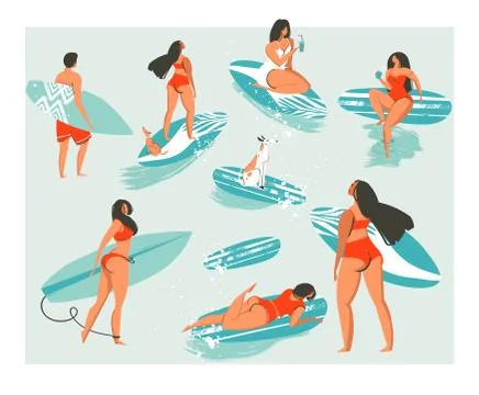 Hand drawn vector abstract collection of cute funny people in swimwear surfing Stock Illustration