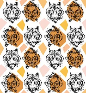 Hand drawn vector abstract creative seamless pattern with tiger face Stock Illustration