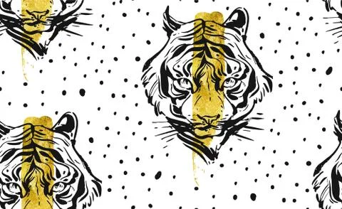 Hand drawn vector abstract creative seamless pattern with tiger face Stock Illustration