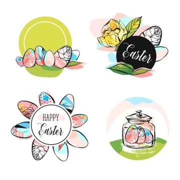 Hand drawn vector abstract creative Happy Easter greeting card design,stickers イラスト素材
