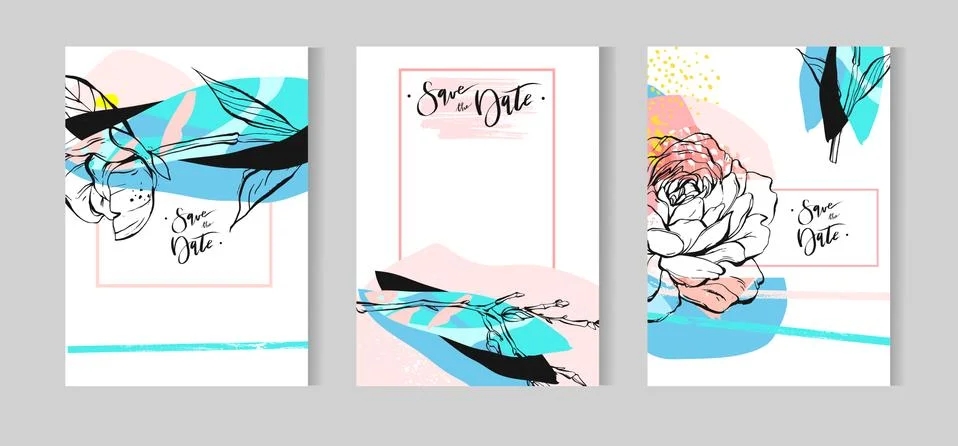 Hand drawn vector abstract creative unusual bohemian wedding save the date cards Stock Illustration