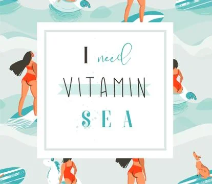 Hand drawn vector abstract creative funny summer time poster with surfer and Stock Illustration
