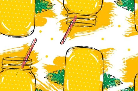 Hand drawn vector abstract creative detox water lemonade seamless pattern with Stock Illustration