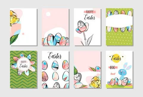 Hand drawn vector abstract creative Happy Easter greeting card design collection Stockillustratie