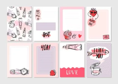 Hand drawn vector abstract creative girlie printable journaling cards template Stock Illustration