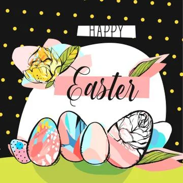 Hand drawn vector abstract creative Happy Easter greeting card design template Stock Illustration