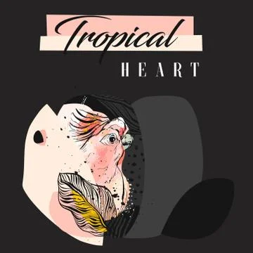Hand drawn vector abstract creative tropical parrot collage with freehand Stock Illustration