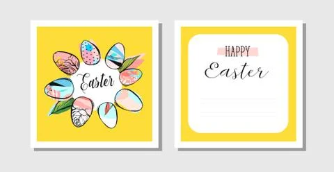 Hand drawn vector abstract creative Happy Easter greeting postcards design Stock Illustration