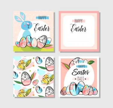 Hand drawn vector abstract creative Happy Easter greeting card design collection Stock Illustration