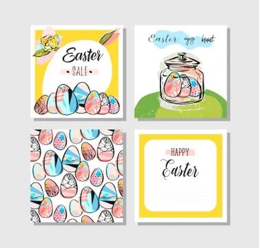 Hand drawn vector abstract creative Happy Easter greeting card design collection Stock Illustration
