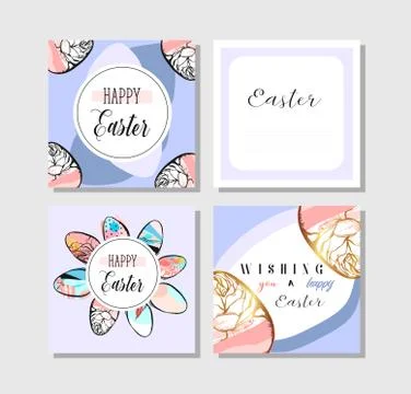 Hand drawn vector abstract creative Easter greeting cards collection set Stockillustratie