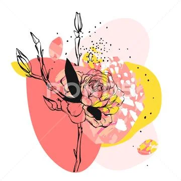 Hand drawn vector abstract creative unusual illustration with graphic peony Stock Illustration