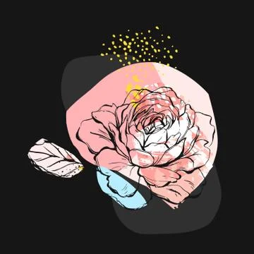Hand drawn vector abstract creative unusual illustration with graphic peony Stock Illustration