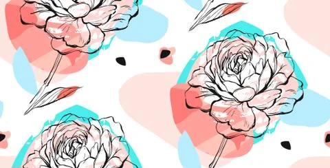 Hand drawn vector abstract creative unusual seamless pattern with graphic peony Stock Illustration